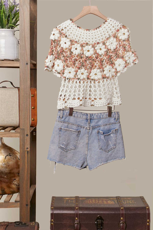 Beige and Pink Round Neck Crochet Knit Top with Floral Patch