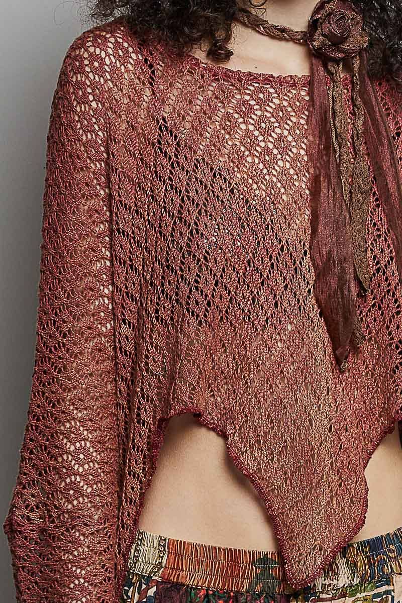 Round Neck Crochet Raw Edge Solid Knit Top