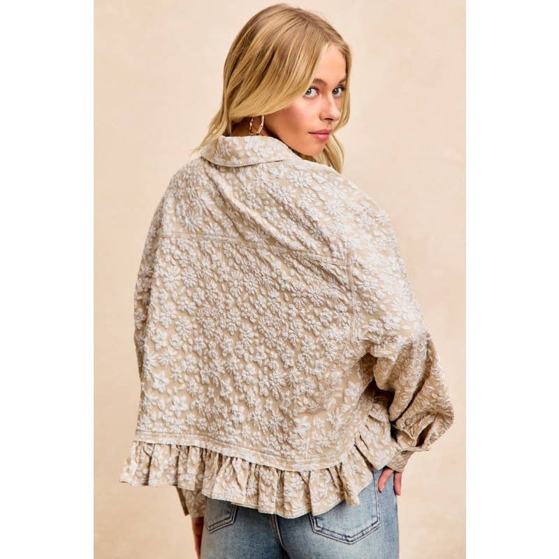 Textured Floral Pattern Ruffled Hem Shirt Top