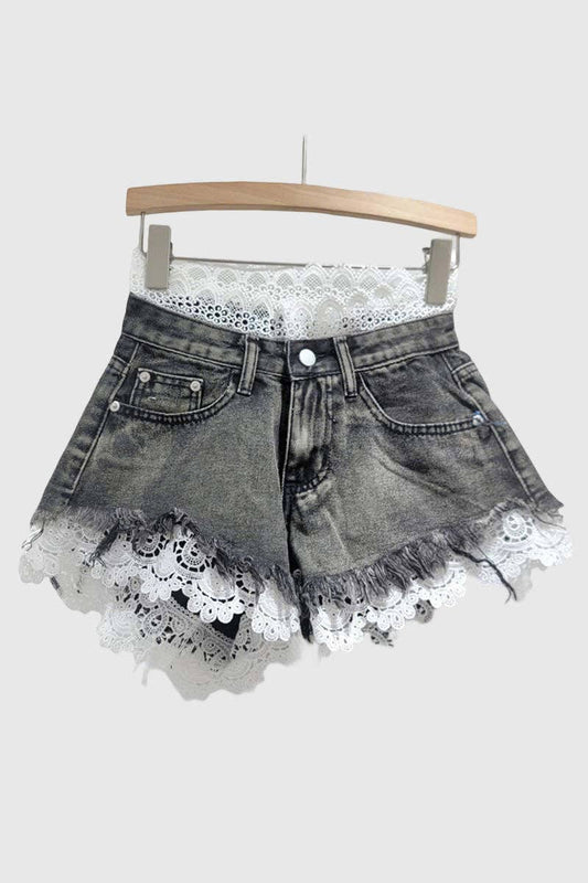 Lace-Accent Denim Shorts