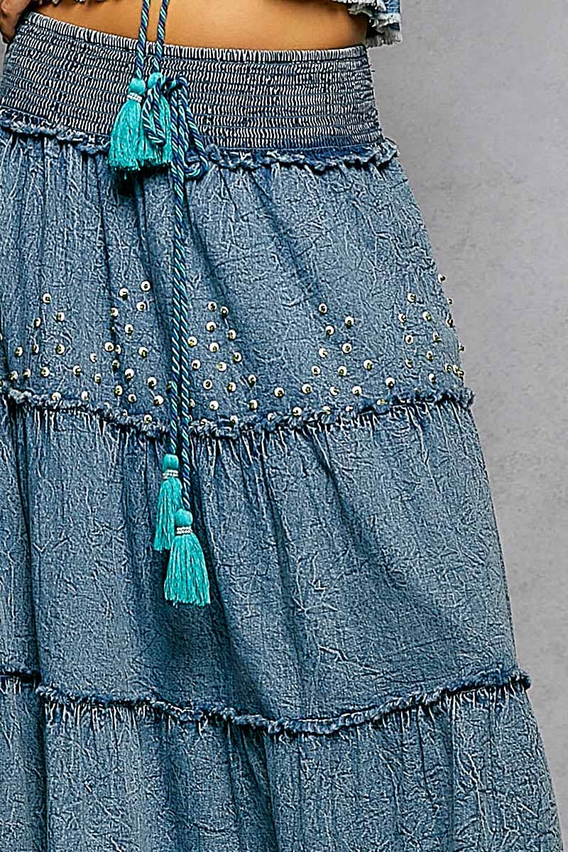 Embroidery Bead Tassel Tiered Denim Maxi Skirt