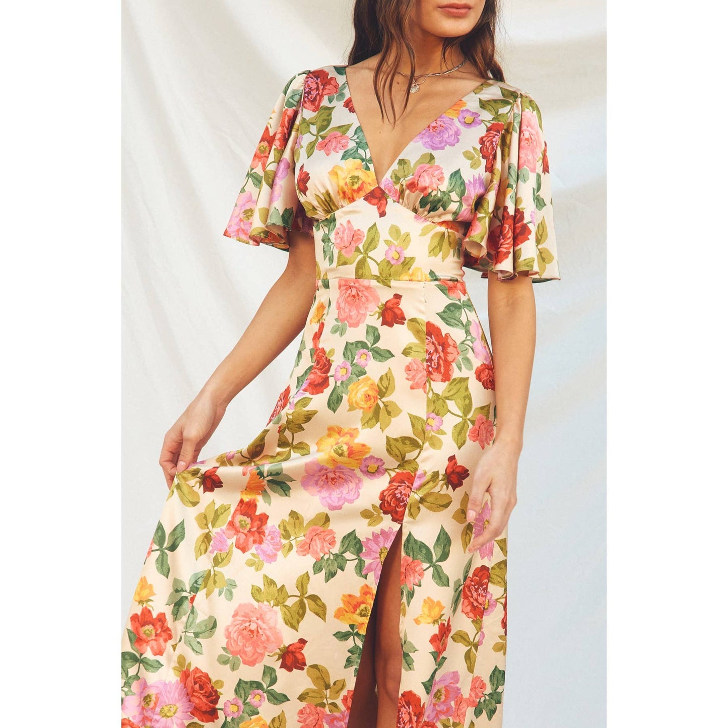 Floral Flutter Sleeve Plunging Maxi Dress