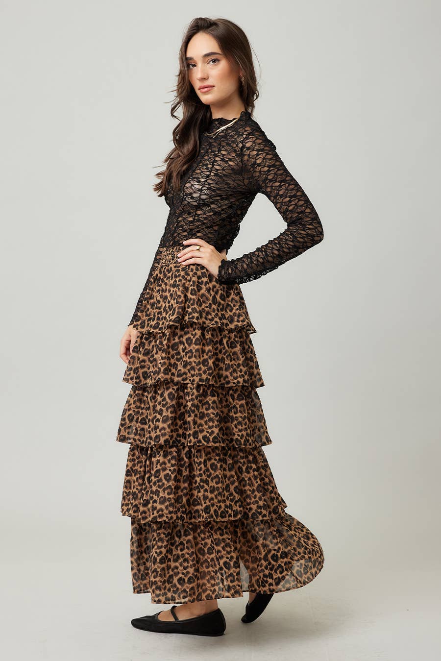 Leopard Print Tiered Ruffle Maxi Skirt