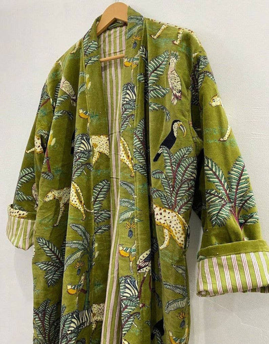 Green Jungle Velvet Kimono Robe Coat