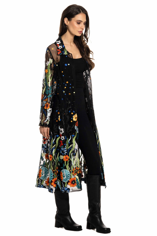 Long Floral Black Embroidered Sheer Duster