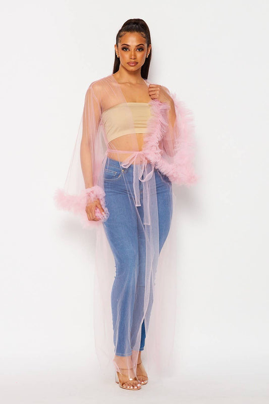 Tulle Mesh Ruffle Duster Cardigan