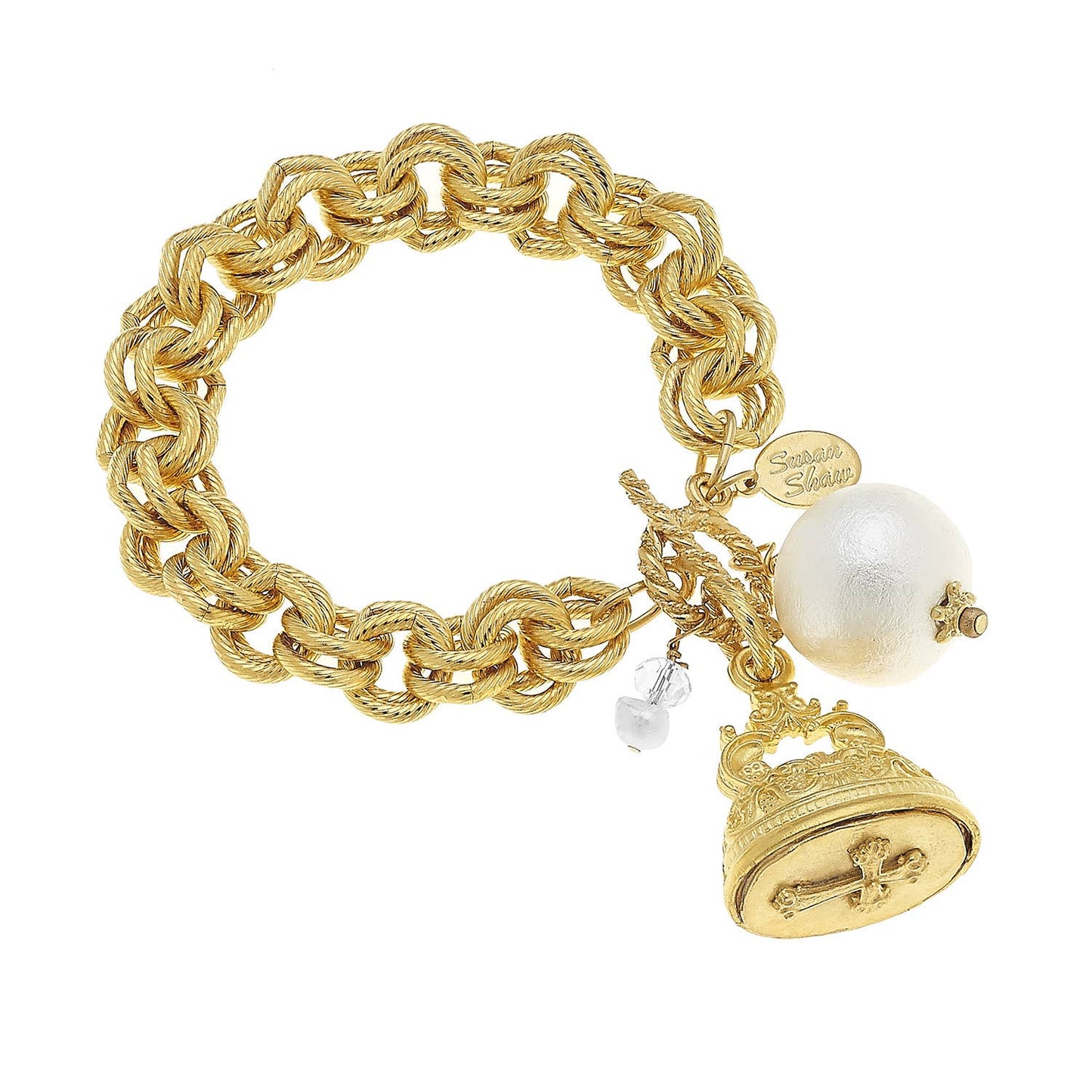 Gold Vintage Cross Charm with Cotton Pearl Bracelet