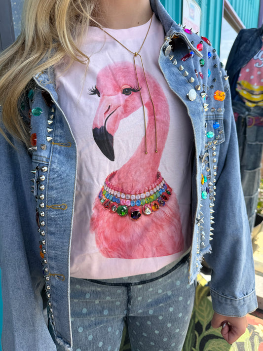 Jeweled Flamingo Light Pink Crew T-Shirt