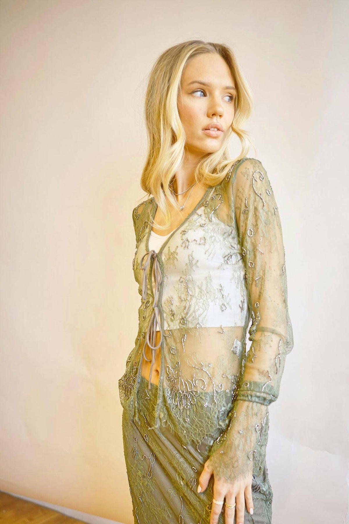 Lace Scallop Beaded Tie Front Sheer Top