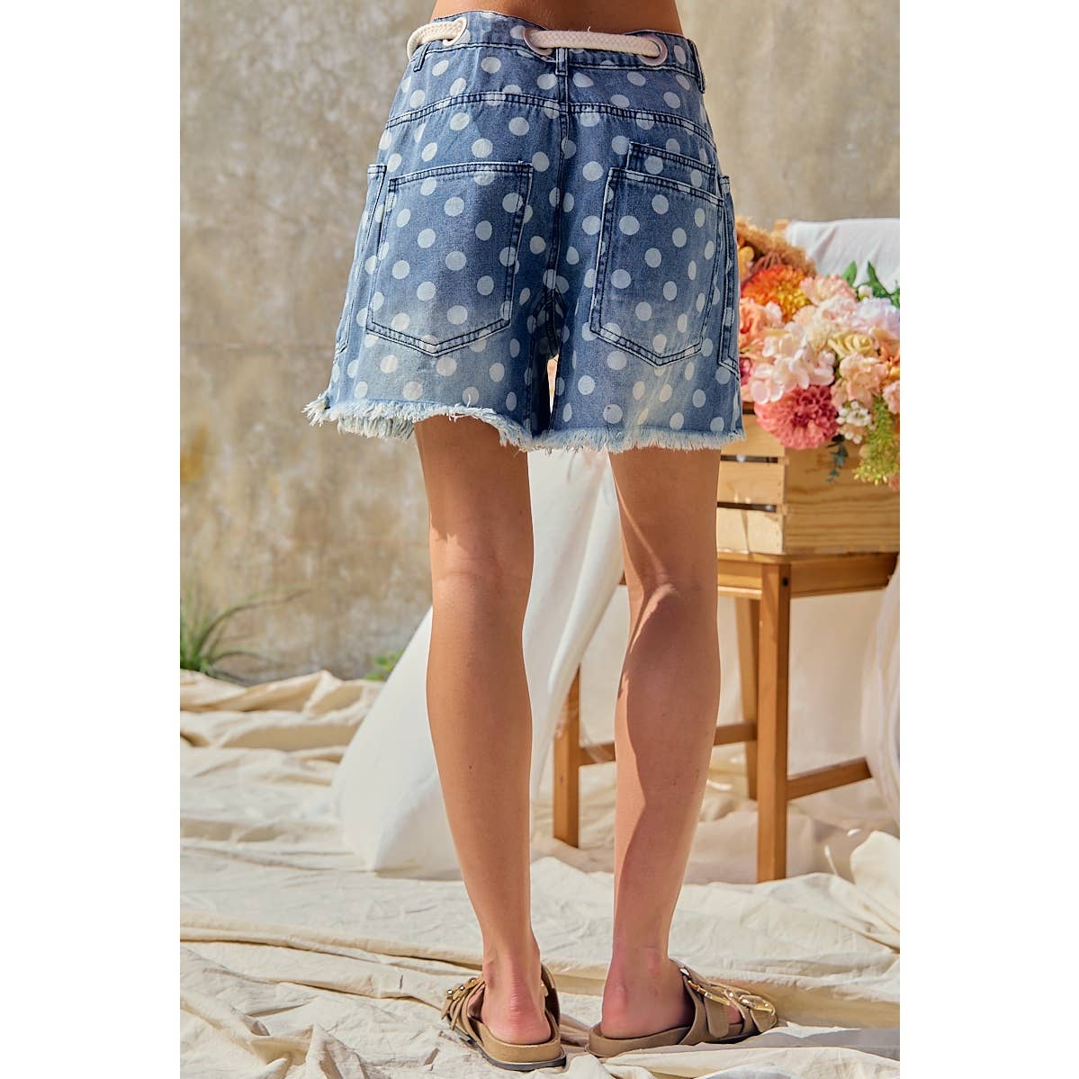 POLKA DOT PRINTED DENIM SHORTS WITH WAIST BELT