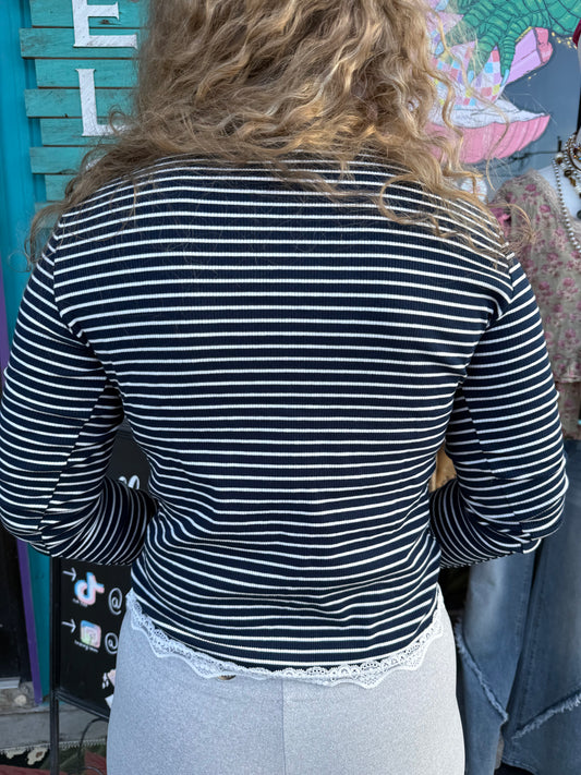 Striped Lace Trim Button Front Cardigan Top