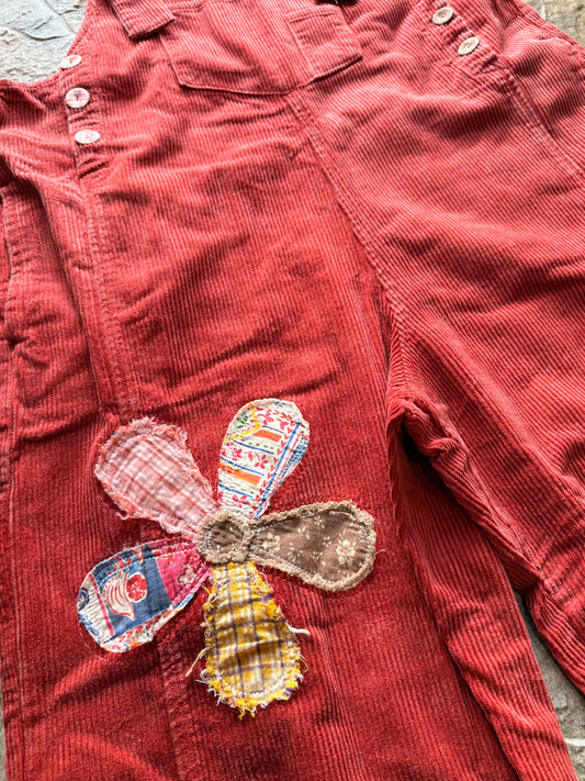Red Corduroy Flower Patch Overalls