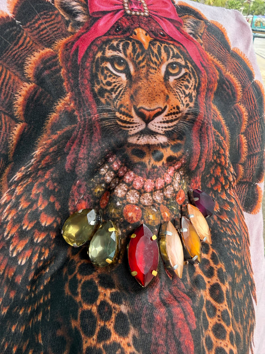 Jeweled Collar Turkey Leopard on Light Pink Crew