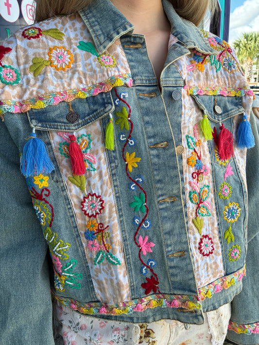Floral Embroidery Lace Trim Tassel Denim Jacket
