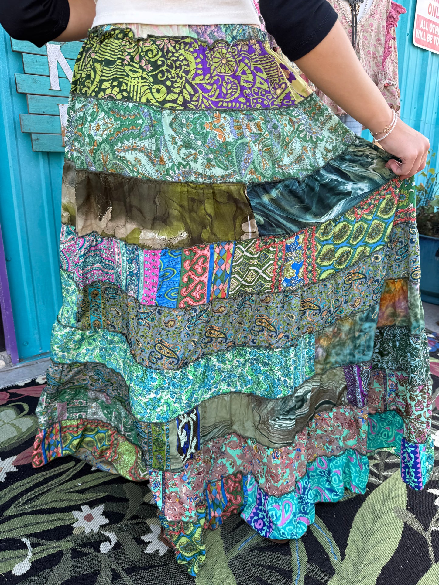 Teal Boho Ruffle Wide Flare Skirt