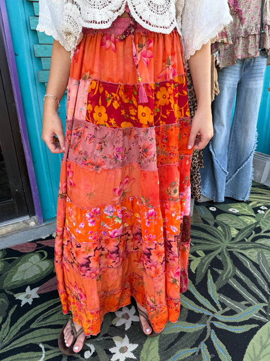 Floral Boho Ruffle Wide Flare Skirt