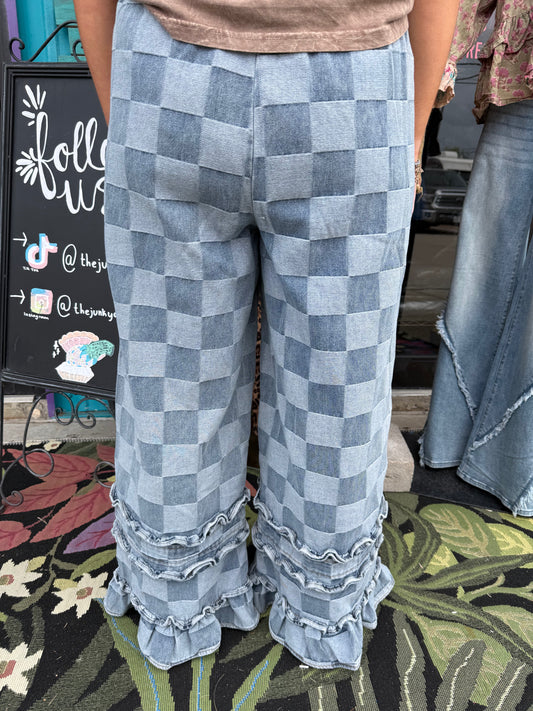 WASHED CHECKERBOARD DENIM RUFFLED DETAIL PANTS