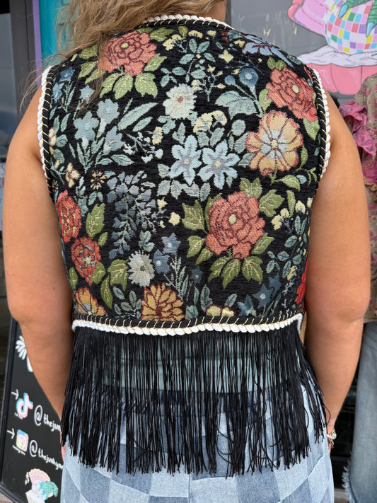 WESTERN TAPESTRY FRINGED VEST WITH FRONT TIE
