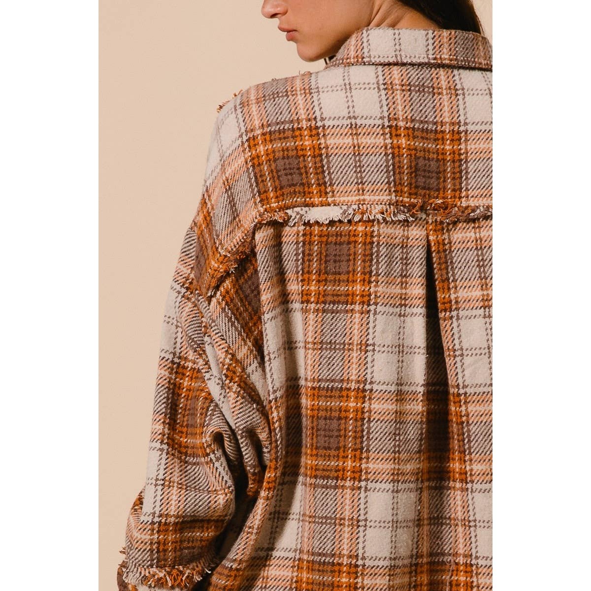 Checked Woven Frayed Shacket