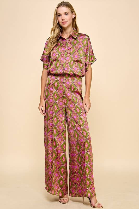 Green and Fuschia Abstract Print Pants