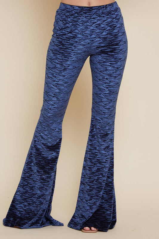 NAVY VELVET BURN OUT PRINT BELL BOTTOM