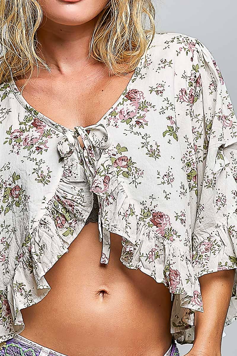 Lightweight Tie Neckline Floral Ruffle Woven Cropped Top