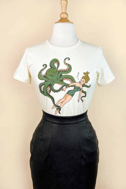 Girl With Octopus Fitted Tee in Ivory