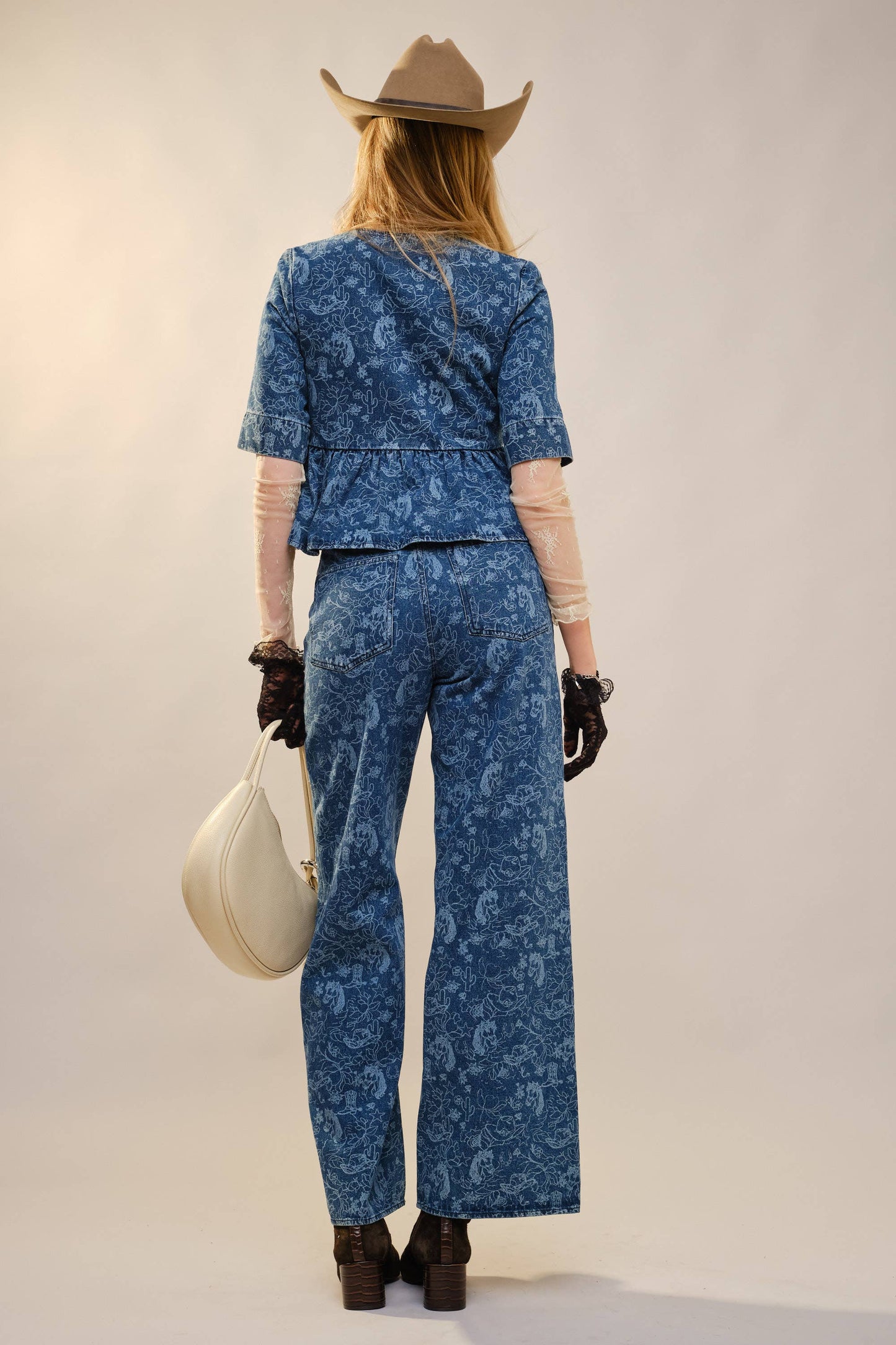 Western Horse Print Peplum Buckle Denim Top