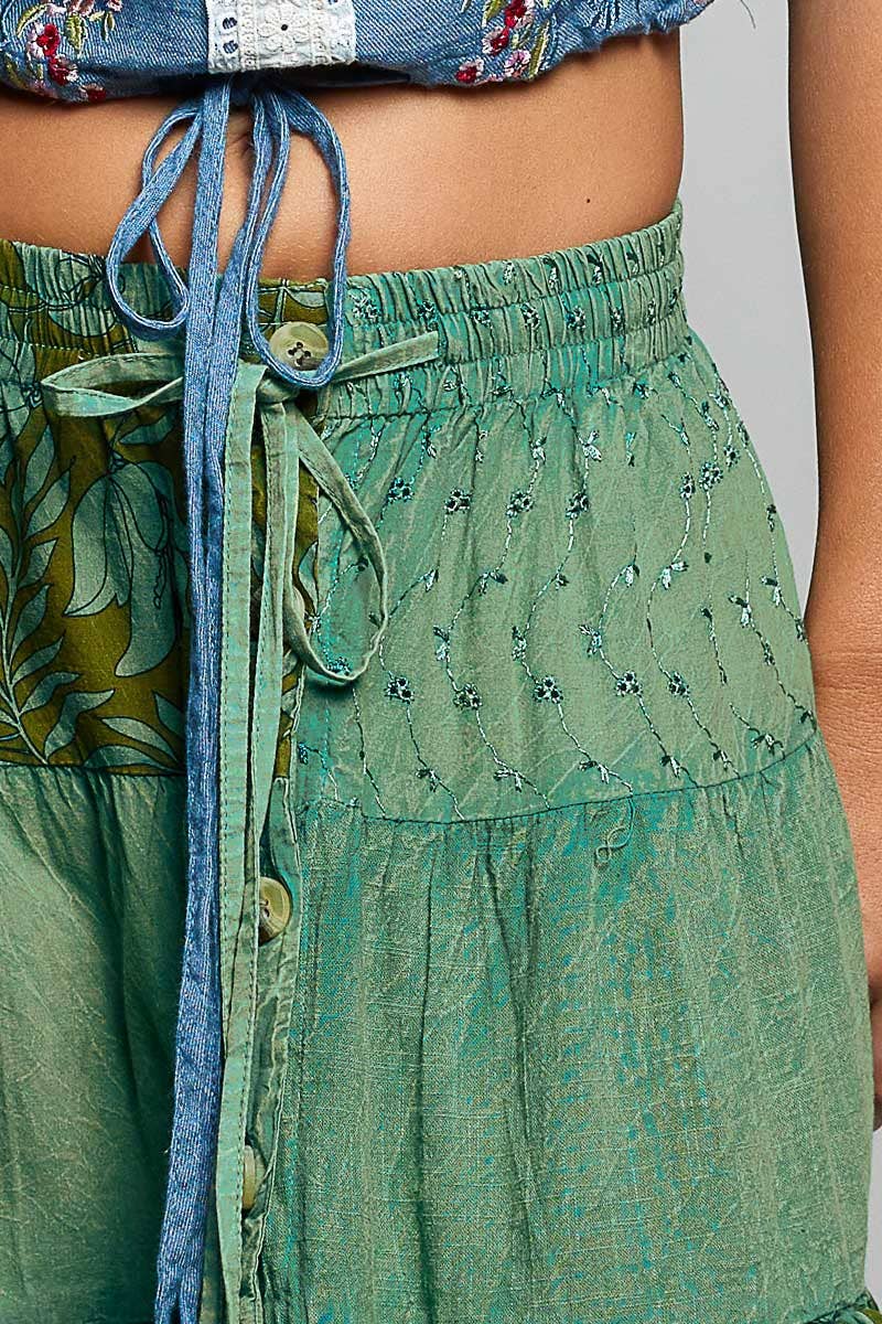 Boho Tie Waistband Patchwork Tiered Ruffle Maxi Skirt