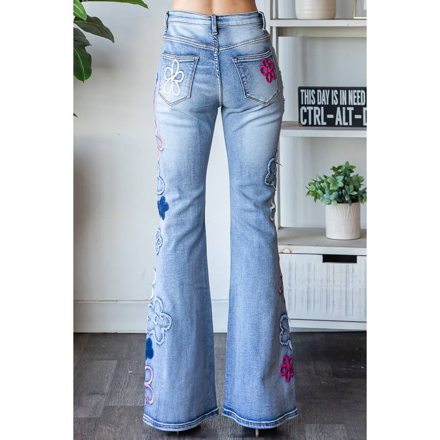 WASHED FLOWER EMBROIDERY DENIM PANTS