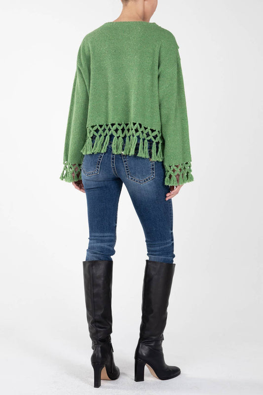 Green Textured Knitted Sweater With Fringe