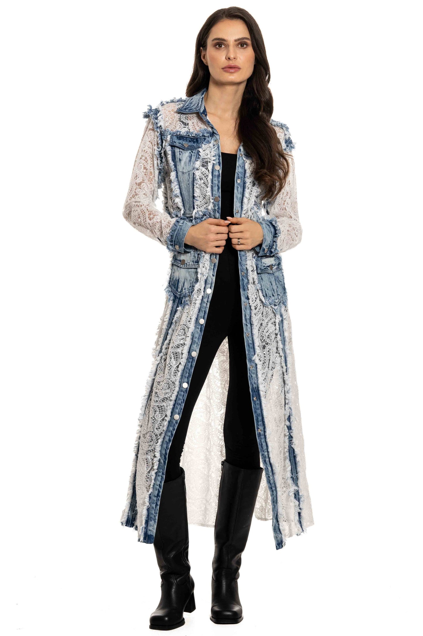 Long Denim and Lace Duster Jacket