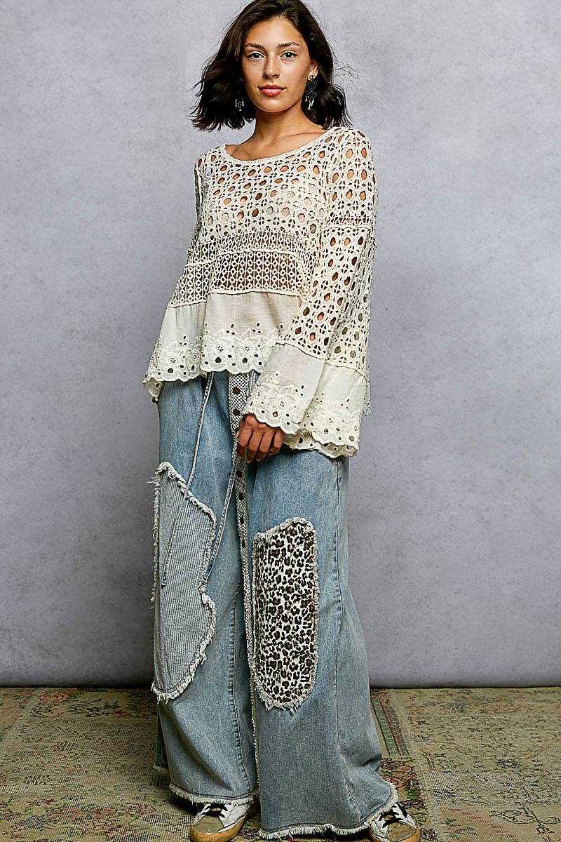Long Sleeve Round Neck Crochet Top