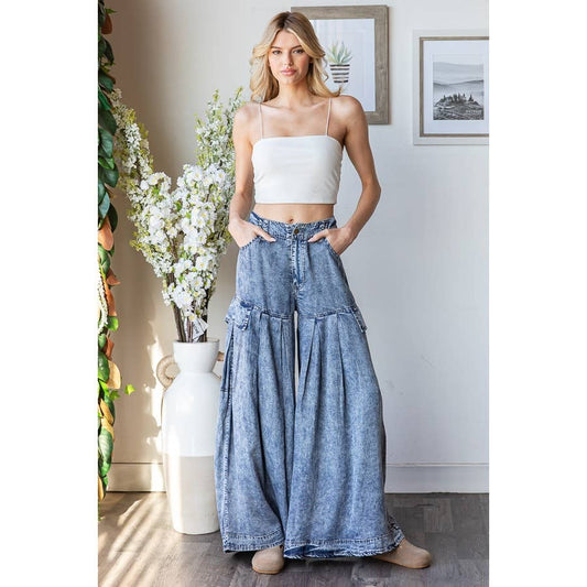 WASHED PLEATED WIDE LEG TENCEL PANTS