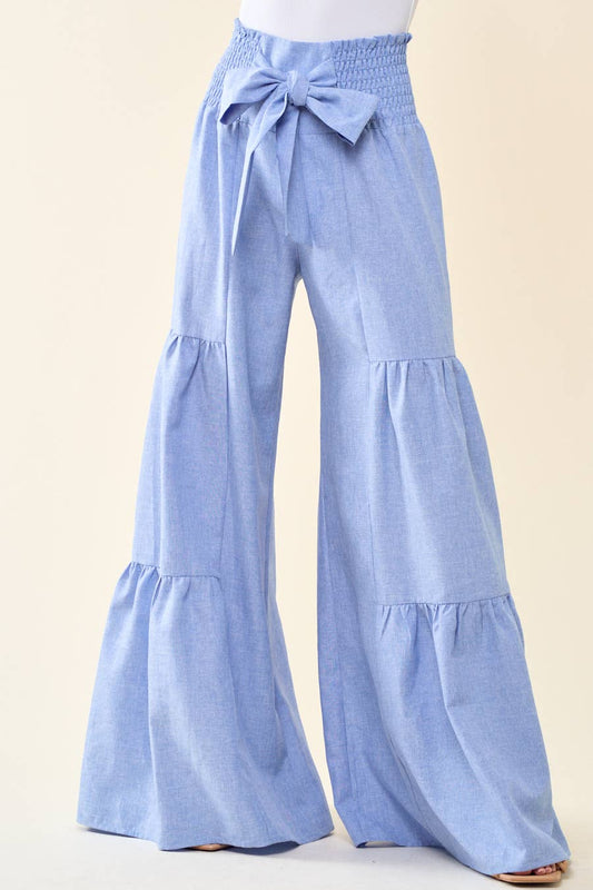 DENIM SMOCKING WAIST TIER WIDE PANTS
