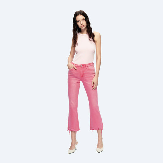 PINK MID RISE CROP FLARE TWILL PANTS WITH FRAYED HEM