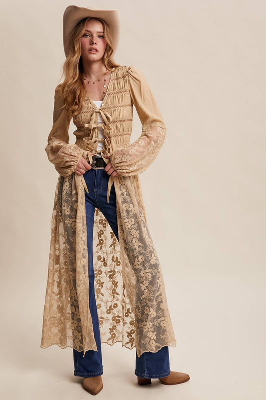 Lace-Up Embroidered Maxi Kimono