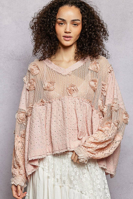 Eyelet Ruffle Lace RoseV-Neck Balloon Sleeves Top
