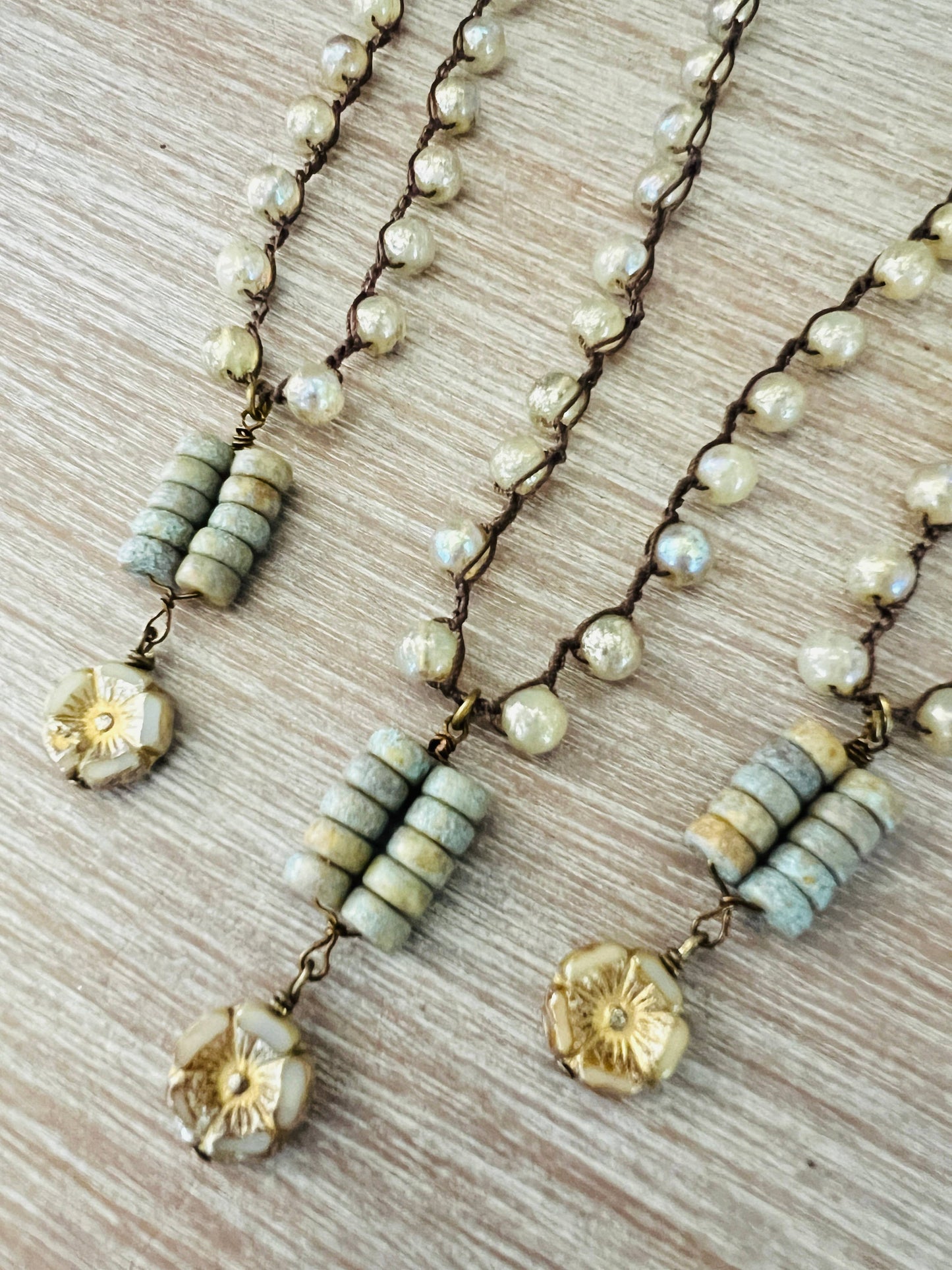 Rustic Ivory Ladder Drop Necklace and Knotted Mercury Glass