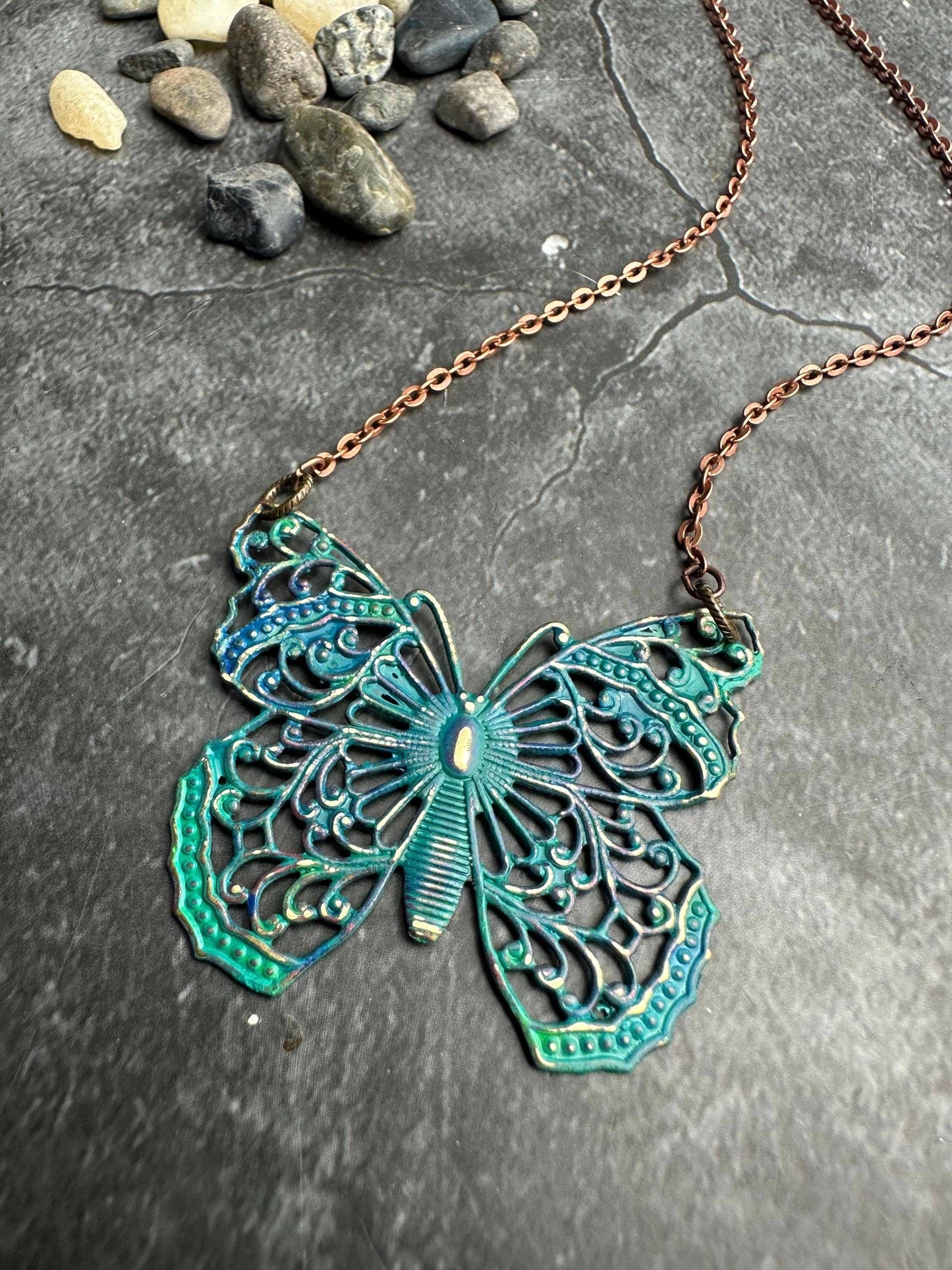 Filigree Butterfly Necklace - Solid Brass with Blue Patina