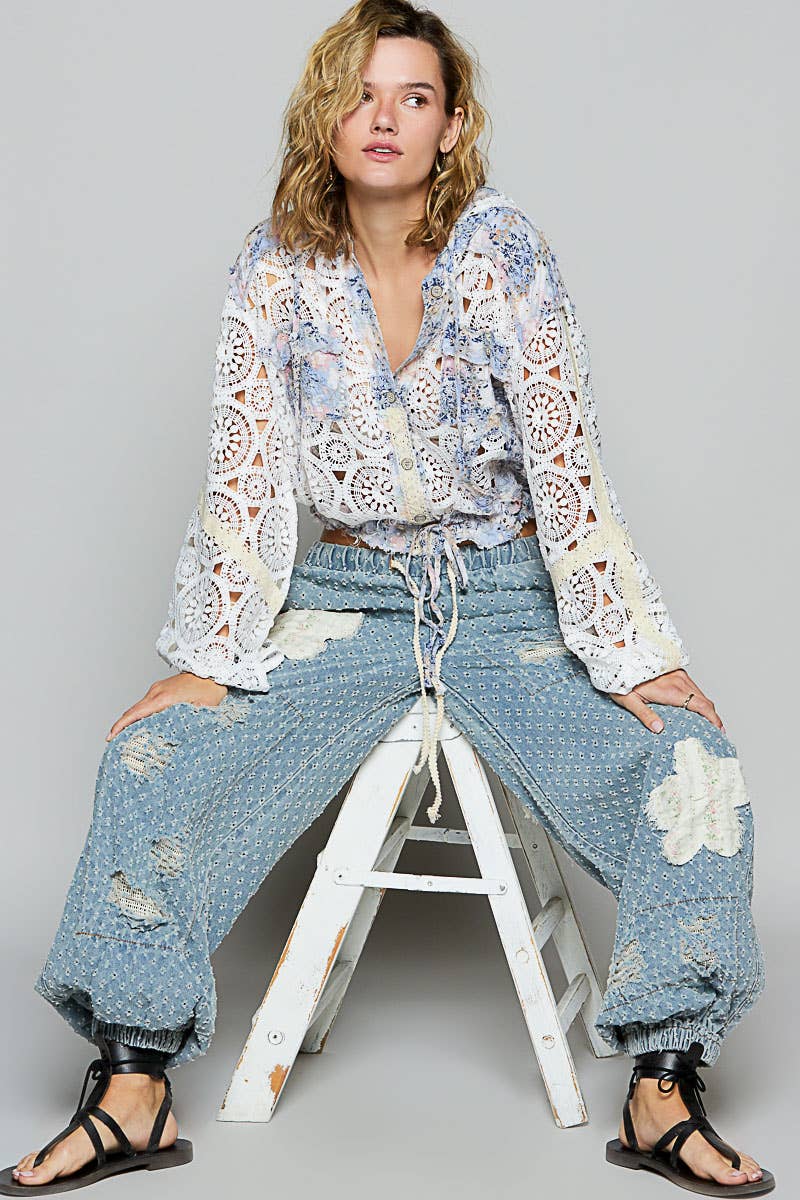 Long sleeve crochet raw edge hoodie woven jacket