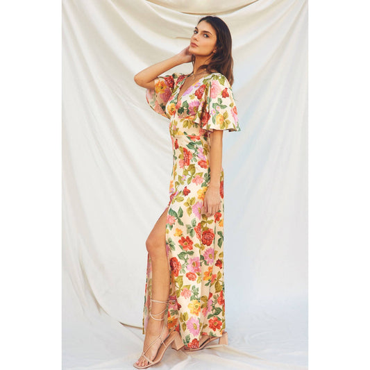 Floral Flutter Sleeve Plunging Maxi Dress