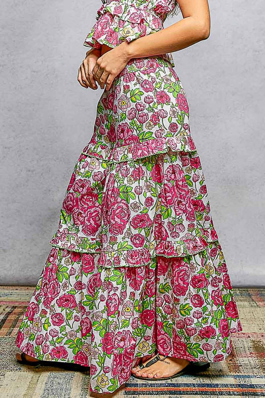 Wide-Leg Tiered Ruffle Edge Elastic Waist Floral Pants