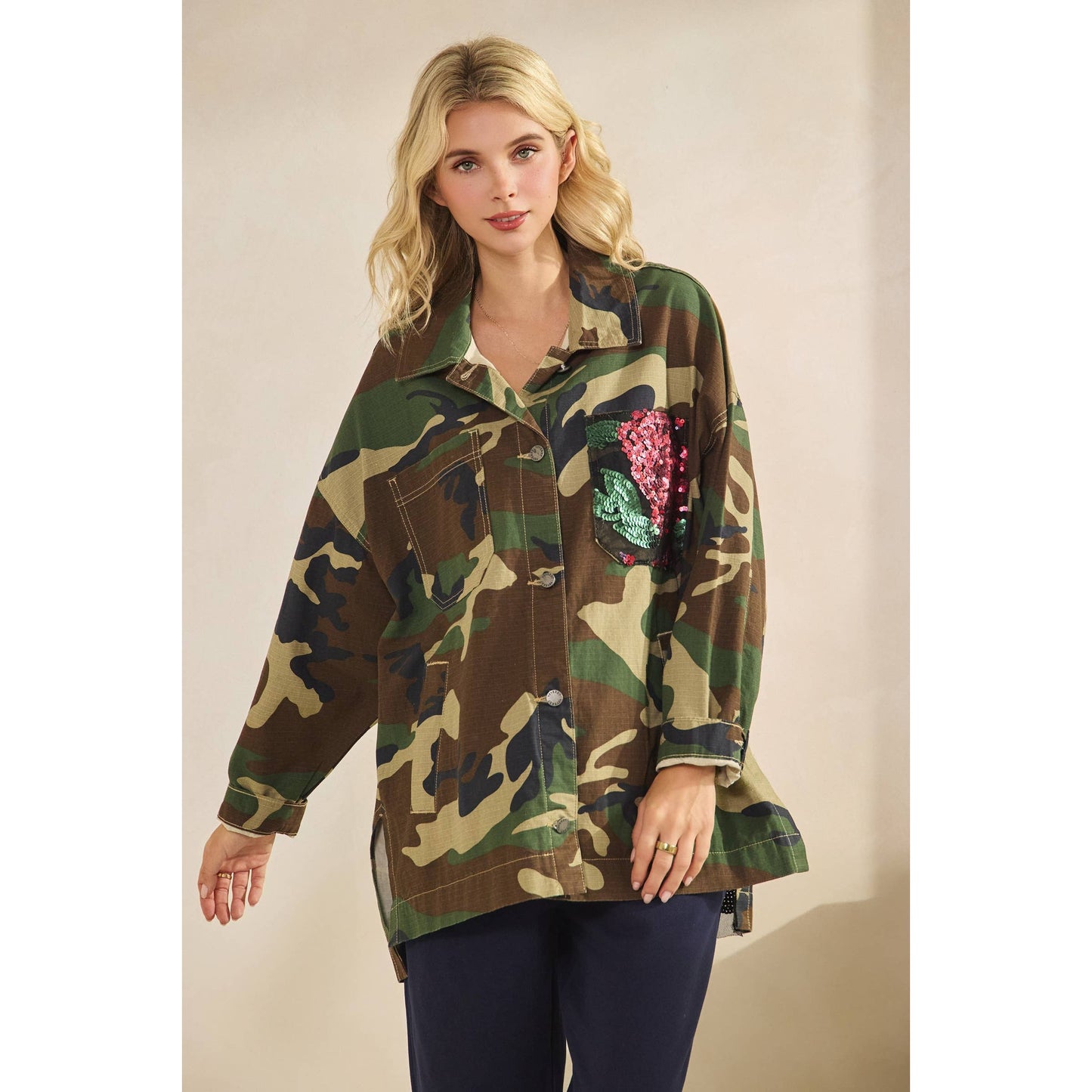 Camo Jacket with Floral Mesh Sequins Contrast