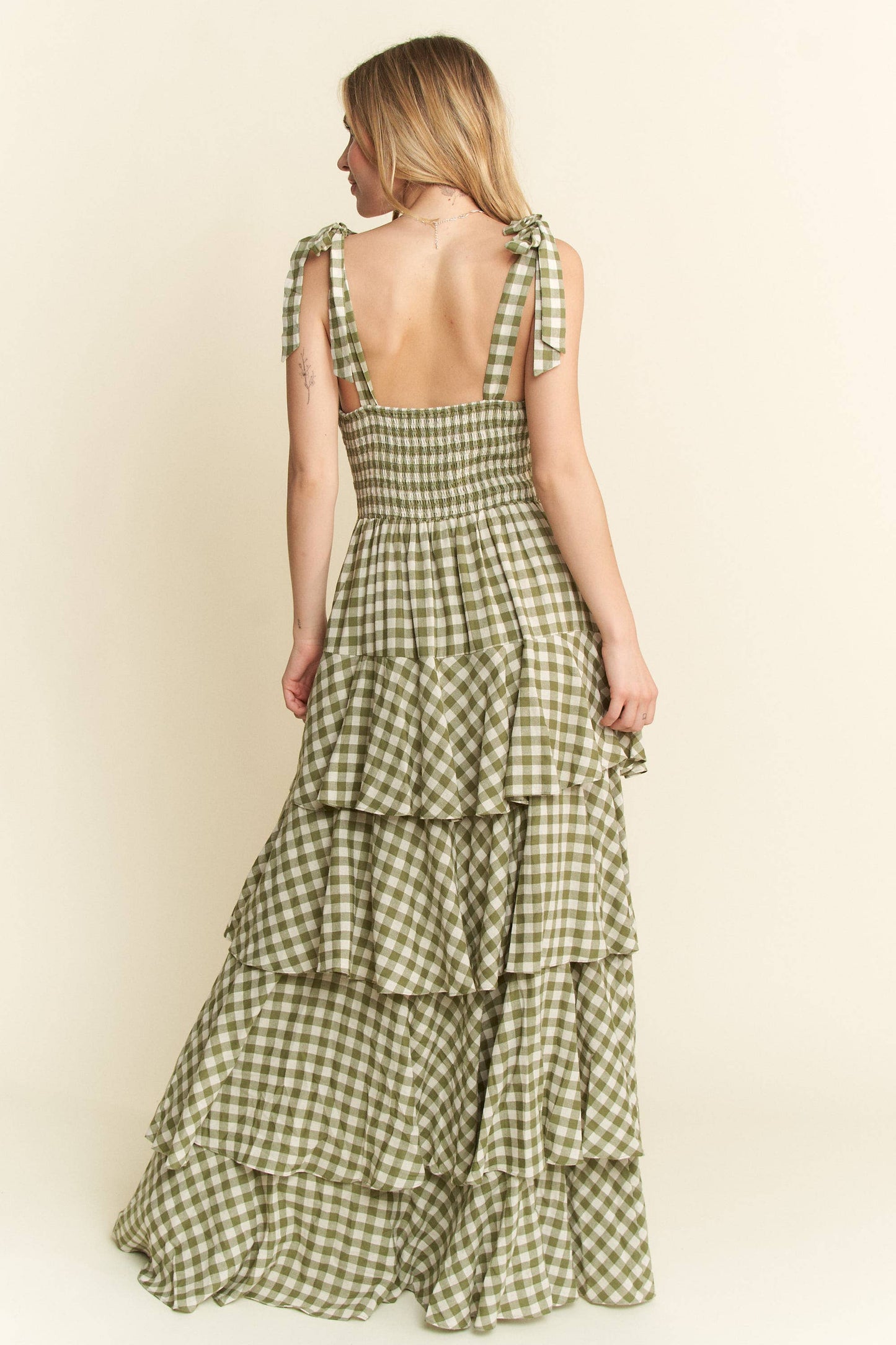 GREEN GINGHAM TIERED MAXI DRESS