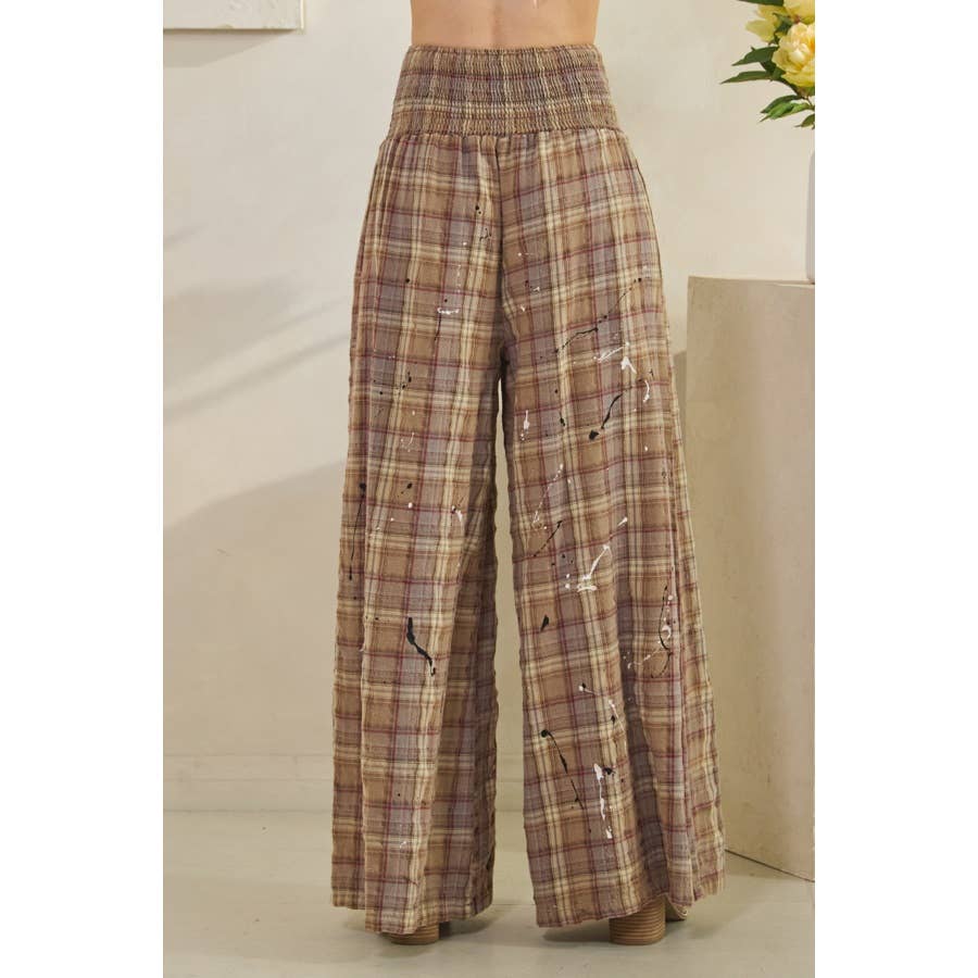 WASHED PLAID SMOCKED WAIST WIDE LEG PANTS