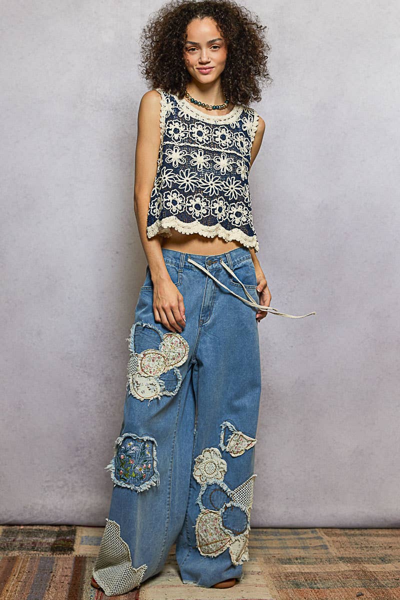 Navy Sleeveless Floral Crochet Top