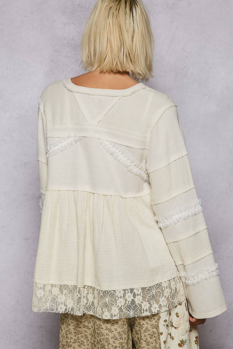 V-neck double gauze lace detail A-line woven top