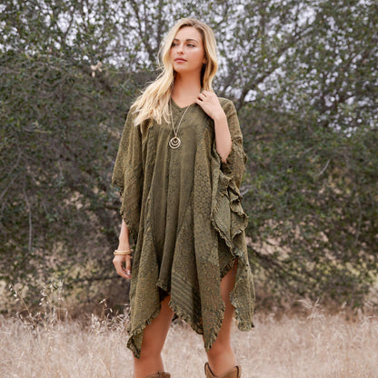 Boho Lace Embroidered V-Neck Asymmetrical Kaftan Top