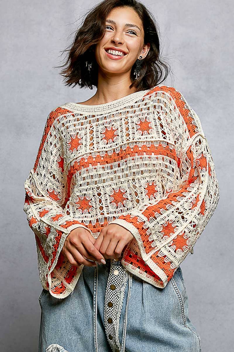 Orange and Cream Granny Square Long Sleeve Crochet Top